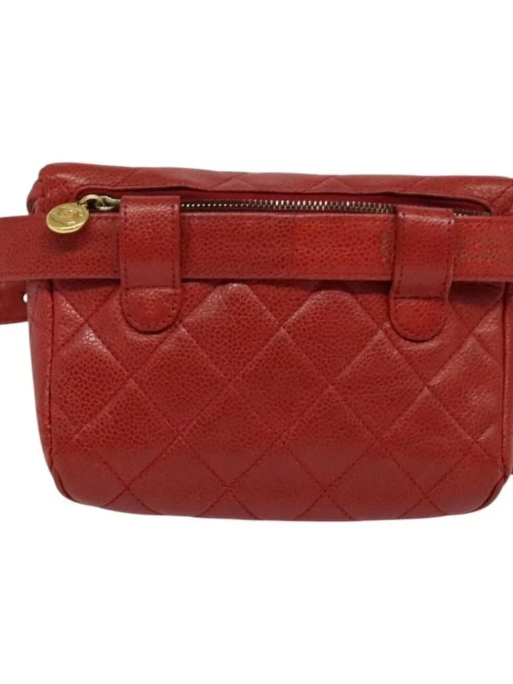 CHANEL Matelasse Waist bag Grained Calf Skin Red Gold CC Auth BD2190
